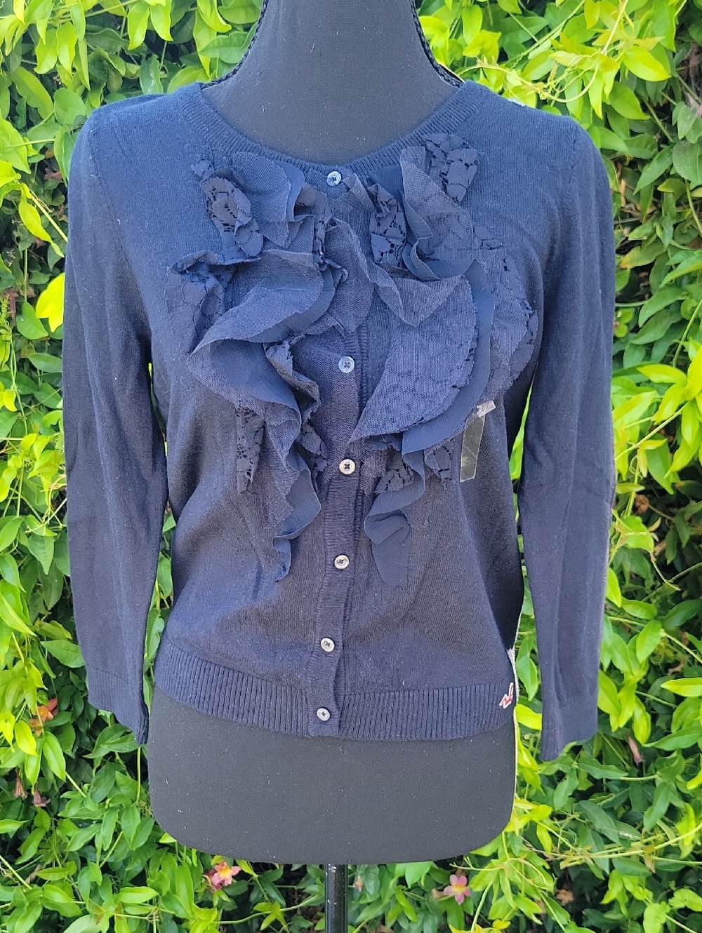 Y2K Hollister Navy Blue Ruffle Front Button Down Cardigan L
